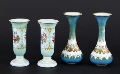 Lot 85 - A pair of opaque pale blue glass vases painted...