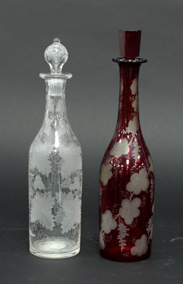 Lot 93 - A Bohemian ruby glass decanter engraved grapes...