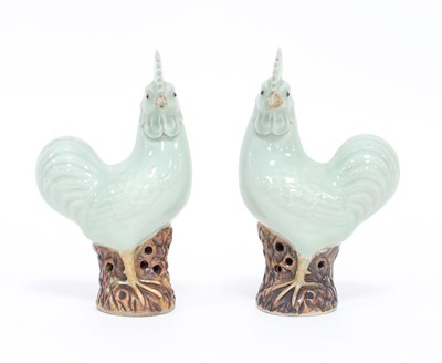 Lot 164 - A pair of Chinese celadon cockerels, 19th...