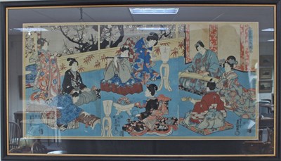 Lot 178 - A Japanese woodcut, triptych, 34.5cm x 71cm