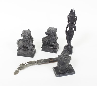 Lot 327 - A pair of soapstone carved temple dogs, a...