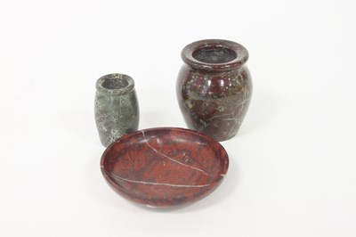 Lot 341 - Two marble pots and a small plate, 10cm high