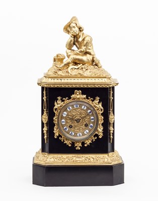 Lot 474 - A French black marble and ormolu mantel clock,...