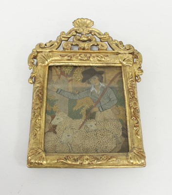 Lot 620 - A woolwork and painted silk picture of a...