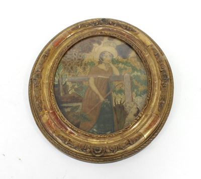 Lot 621 - A woolwork and watercolour on silk oval...