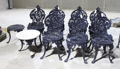 Lot 668 - Seven black painted iron chairs and two...