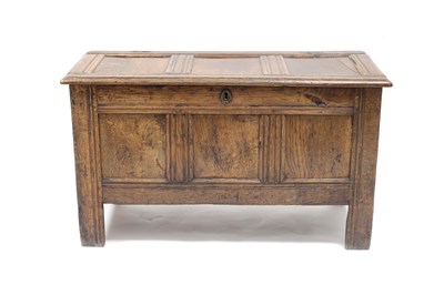 Lot 776 - A 17th Century oak three-panelled chest with...