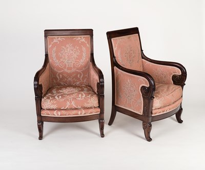 Lot 798 - A pair of French Empire mahogany armchairs...