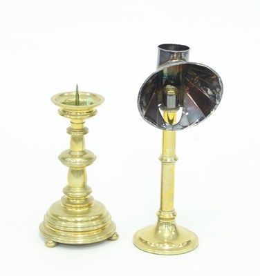 Lot 863 - A 19th Century brass candle lamp with shade,...