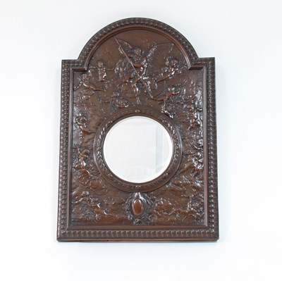 Lot 83 - A Elkington & Co bronzed wall mirror, embossed...