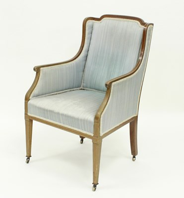 Lot 161 - An Edwardian mahogany framed wing armchair,...