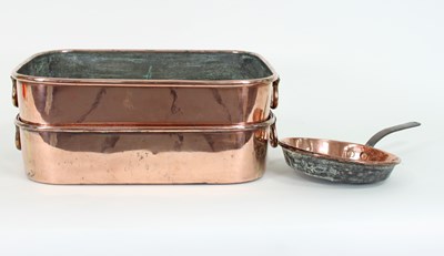 Lot 245 - Two large copper two-handled pans by J.M....