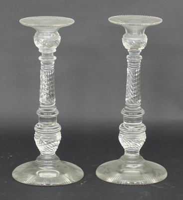 Lot 308 - A pair of cut glass candlesticks with spiral...