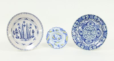 Lot 349 - A blue, white and yellow delft lobed dish,...