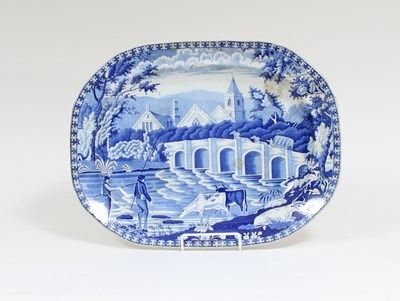 Lot 376 - A Fisherman pattern blue and white meat dish...