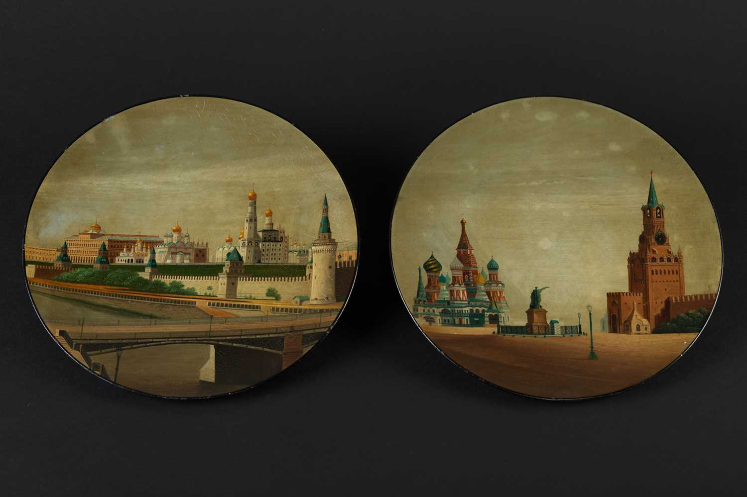 Lot 457 - A pair of Russian lacquer plates, Vichnyakov...