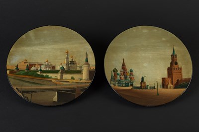 Lot 457 - A pair of Russian lacquer plates, Vichnyakov...