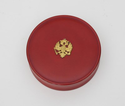 Lot 460 - A Russian red lacquer circular box, Vichnyakov,...