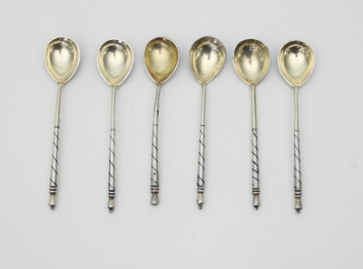 Lot 461 - Six Russian silver niello tea spoons, monogrammed