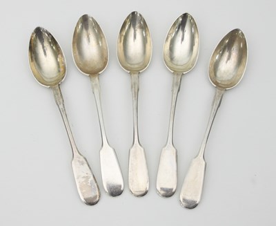 Lot 464 - Five Russian silver fiddle pattern spoons, AK,...