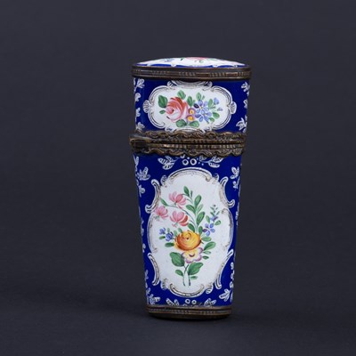 Lot 496 - A Bilston enamel cased etui decorated floral...