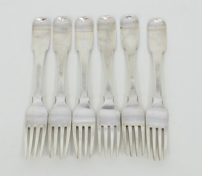 Lot 562 - Six Irish silver table forks, William Law,...