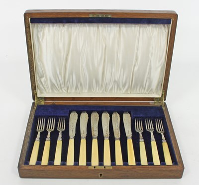 Lot 594 - Six pairs of silver bladed fish knives and...