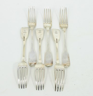 Lot 604 - A set of six silver George IV fiddle pattern...