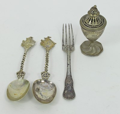 Lot 660 - Two Dutch white metal spoons with ship finials,...