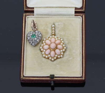 Lot 693 - A coral and seed pearl pendant/brooch, the...