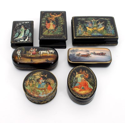 Lot 81 - A group of seven Russian Palekh boxes, the...