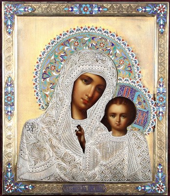 Lot 83 - A Russian icon, Our Lady of Kazan, in a silver,...
