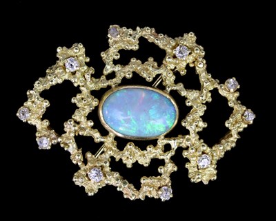 Lot 139 - A 1970s 18ct gold, opal and diamond brooch,...