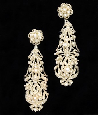 Lot 146 - A pair of sewn seed pearl drop earrings, on...