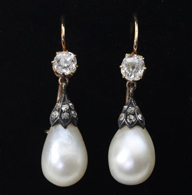 Lot 186 - A pair of diamond and natural pearl ear...