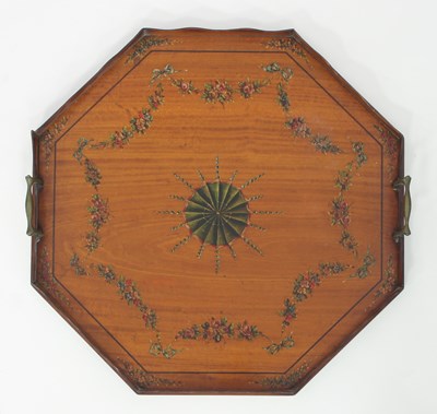 Lot 330 - An Edwardian octagonal satinwood tray, painted...