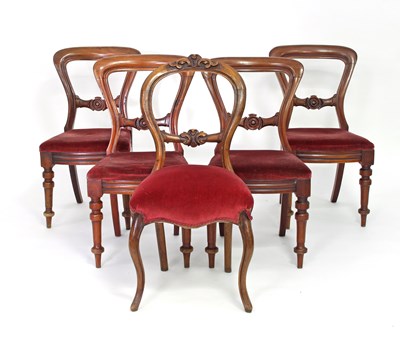 Lot 335 - Four Victorian walnut dining chairs with...