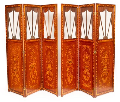 Lot 369 - A pair of early 19th Century Dutch marquetry three-panel two-fold screens