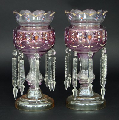 Lot 682 - A pair of glass lustres, the pink blush bowls...