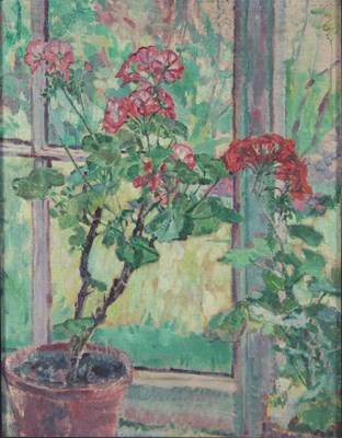 Lot 303 - M A Mathers/Geraniums in a Pot/oil on canvas,...