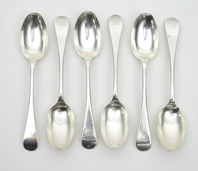 Lot 424 - A set of six silver dessert spoons, John Round...