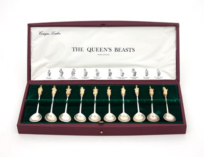 Lot 438 - A cased set of ten silver 'Queen's Beasts'...