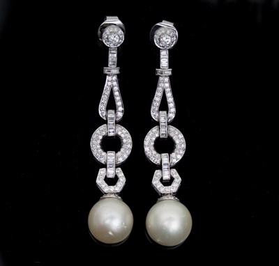 Lot 554 - A pair of diamond and cultured pearl ear...