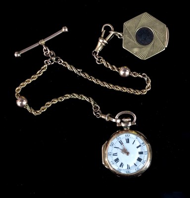 Lot 601 - A lady's gold cased open-faced fob watch, the...