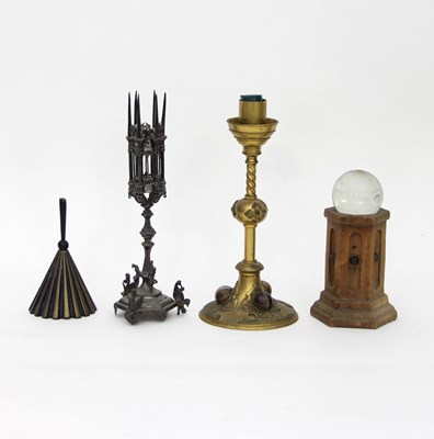 Lot 766 - A gothic plated taper stick with lantern...