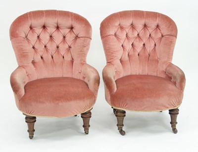 Lot 796 - A pair of Victorian button back chairs on...