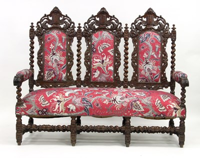 Lot 823 - A triple-chair back settee of Carolean design,...