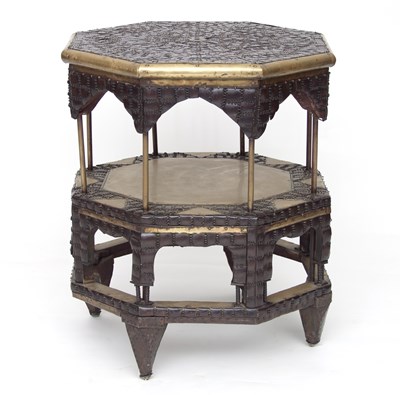 Lot 827 - A brass and polished coconut shell two-tier...