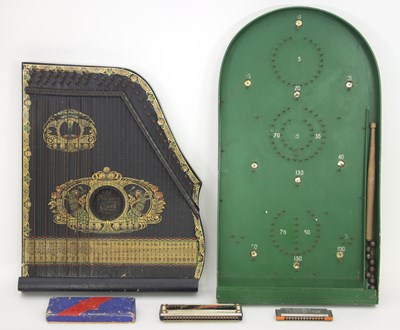 Lot 867 - A bagatelle board, a piano harp and two...