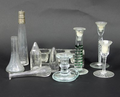 Lot 945 - A glass toddy lifter, a glass chamber stick...